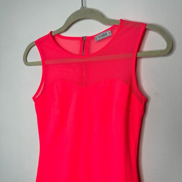 Pull & Bear Florescent Pink Sleeveless Cotton and Sheer Mesh Top Back Zip XS - Picture 2 of 10
